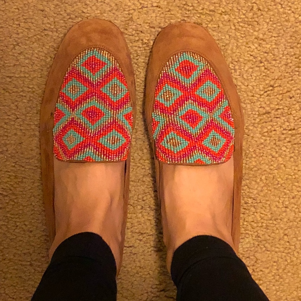 Aquazzura Tan Suede Loafers with Multicolor Beaded Diamond Motif